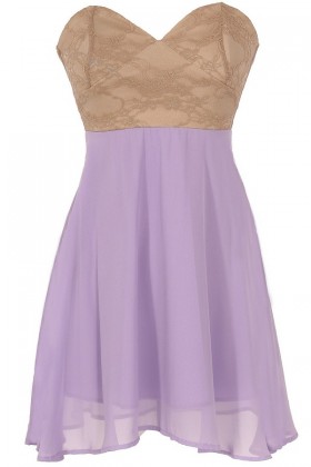 Strapless Floral Lace Bustier Dress in Lavender/Taupe